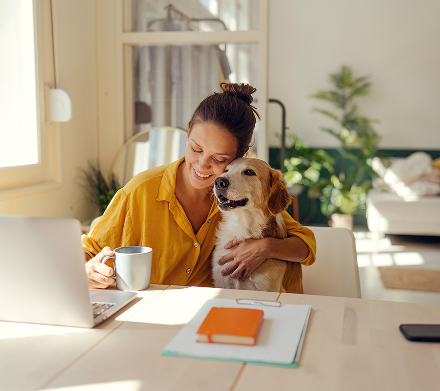 Eine Fau in gelber Bluse hat einen Hund im Arm, in der anderen Hand hat sie eine Tasse. Sie sitzt am Schreibtisch, vor ihr befindet sich ein aufgeklappter Laptop. Sie ist im Homeoffice. Im Hintergrund sieht man eine gemütliche Couch und Pflanzen.